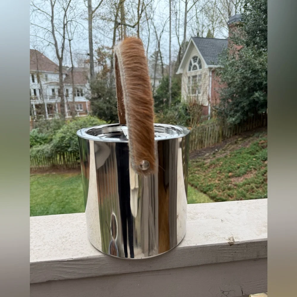 Silver Ice Bucket with animal hide Handle